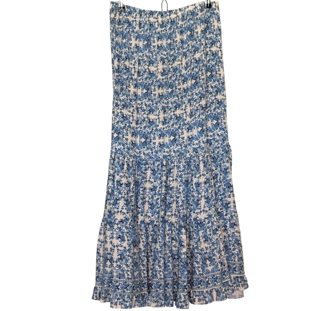 Max Studio London Blue White Floral Tiered Maxi Skirt Size M Boho Chic Relaxed